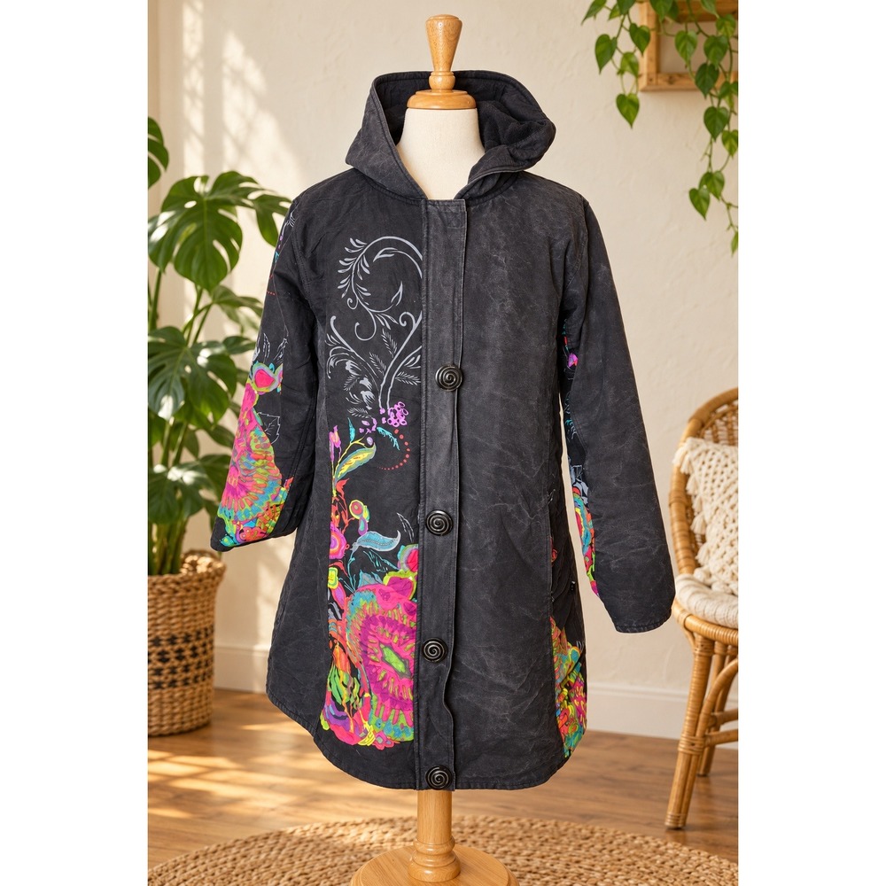 Boho Hooded Cotton Coat 1X Charcoal Colourful Floral Artsy Long Jacket Plus Size